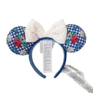 Disney Parks Gingham Floral Minnie Ear Headband Eyelet Lace Summer Picnic NWT
